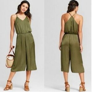 Olive Green Racerback Wide Leg Jumpsuit V-Neck Silky Utility Vibe Romper - Large